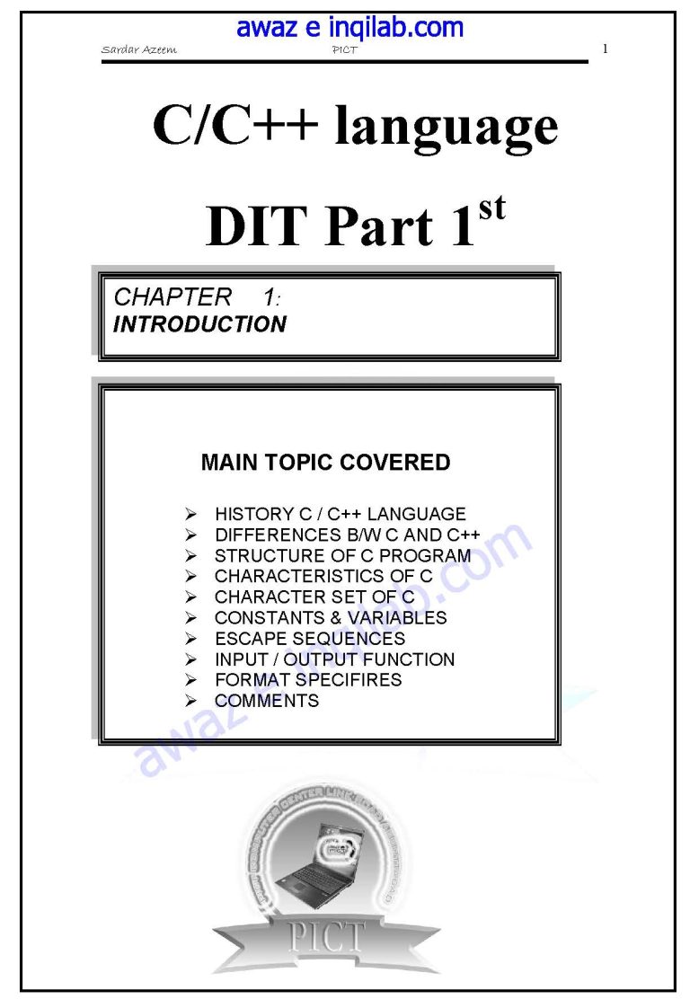 CC++ Language DIT Part 1st PDF by Sardar Azeem Sir